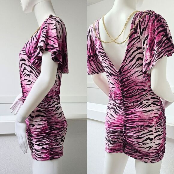 COOGI Y2K Ruched Plunge Zebra Print Mini Dress in Electric Hot Pink - Picture 2 of 16